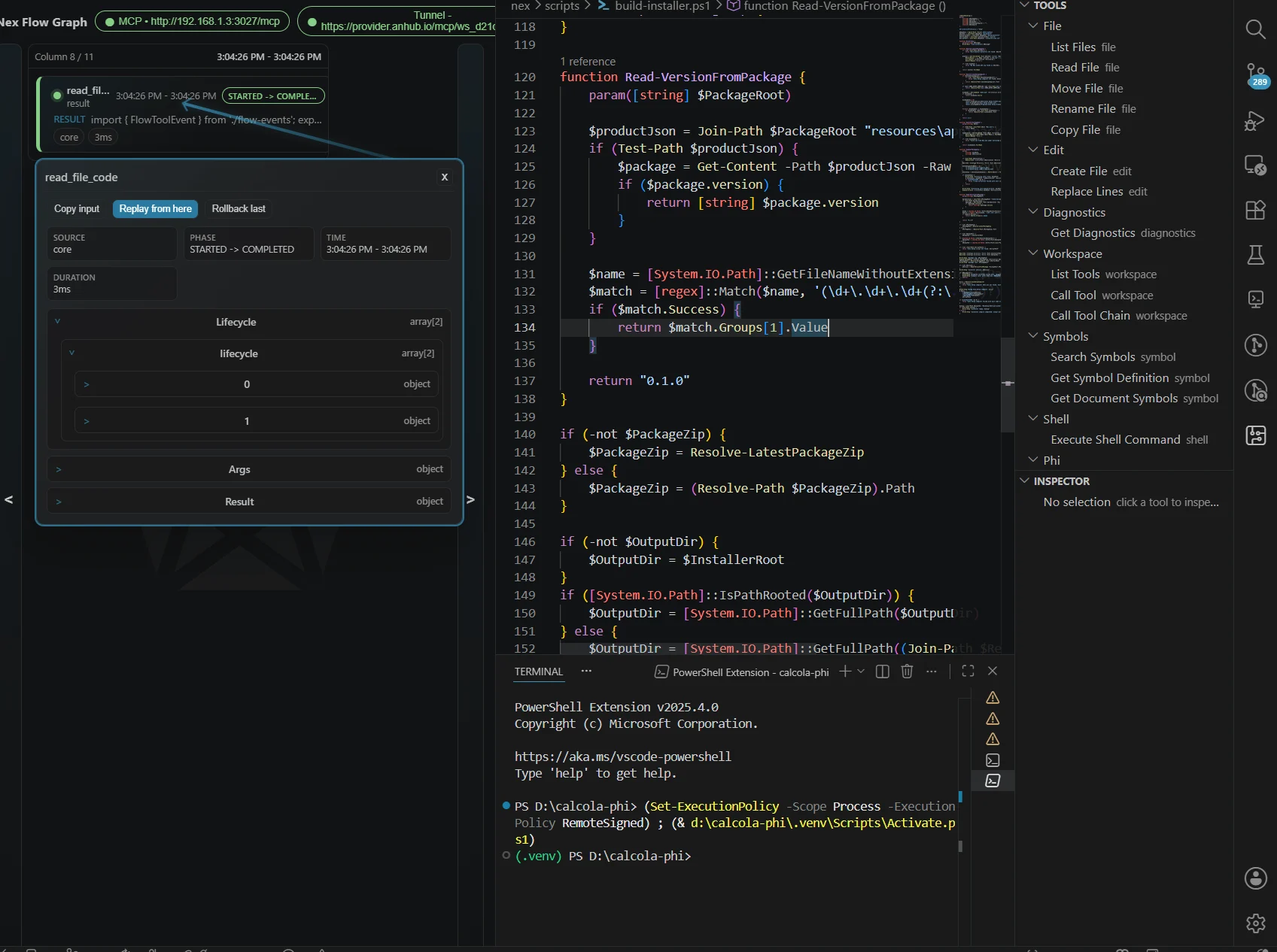 Nex Flow running a completed tool call with editor, terminal, tools and provider tunnel visible